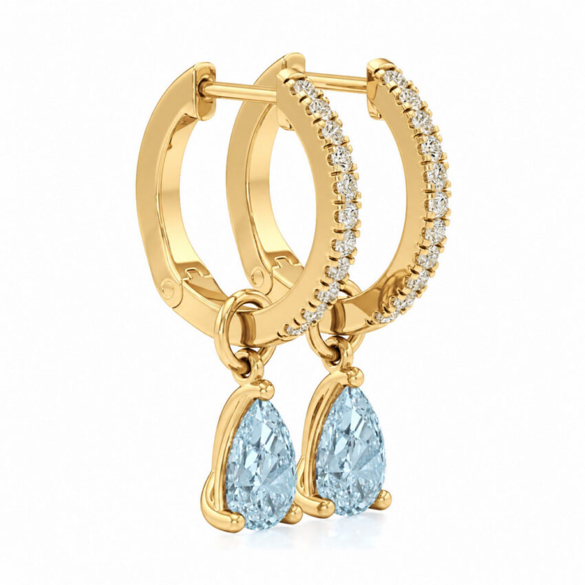 aqua sapphire aquamarine pear hoop earrings yellow gold angle