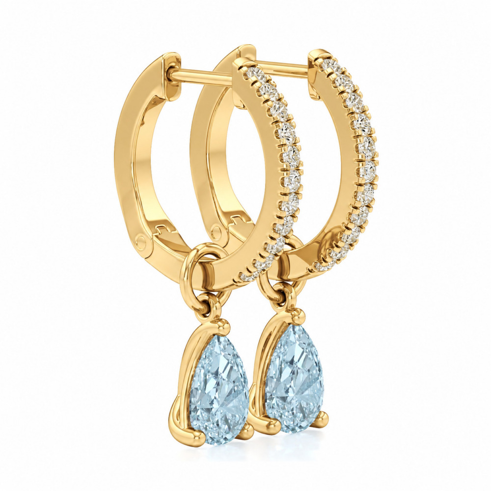 aqua sapphire aquamarine pear hoop earrings yellow gold angle