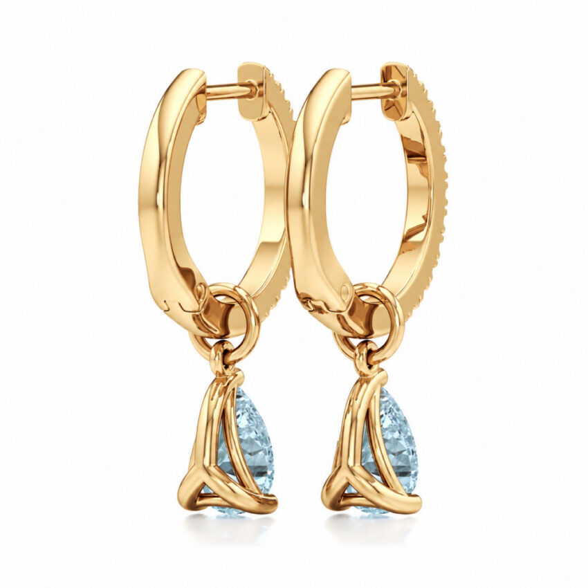aqua sapphire aquamarine pear hoop earrings yellow gold back