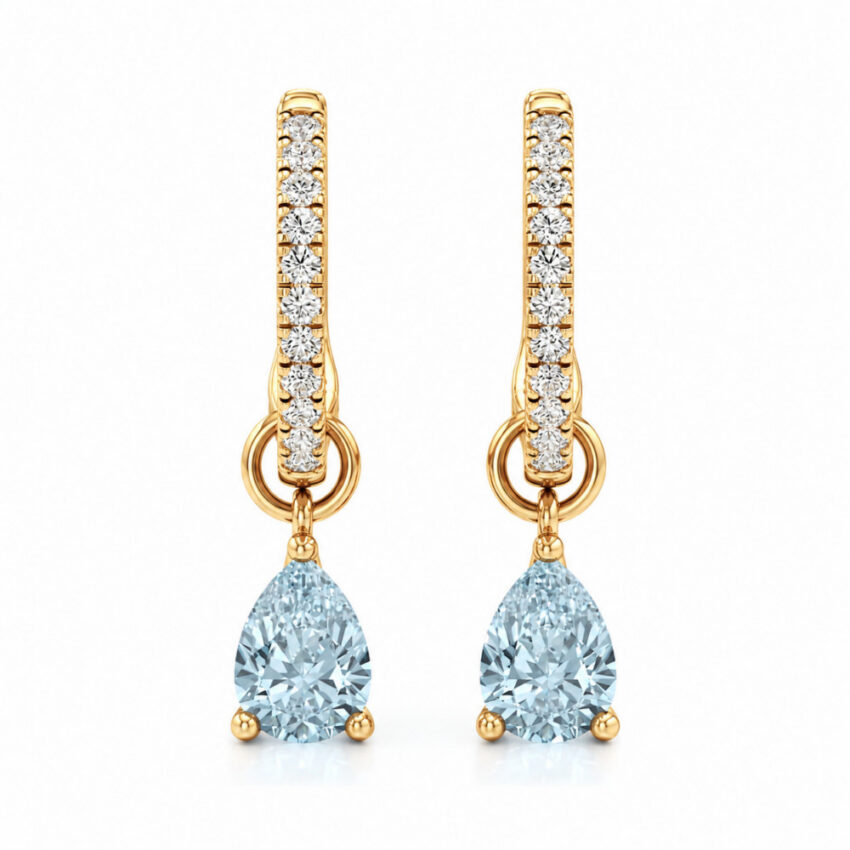 aqua sapphire aquamarine pear hoop earrings yellow gold front