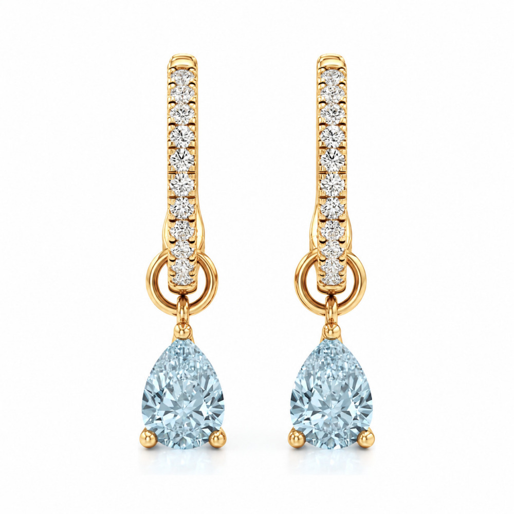 aqua sapphire aquamarine pear hoop earrings yellow gold front aqua sapphire aquamarine pear hoop earrings yellow gold front