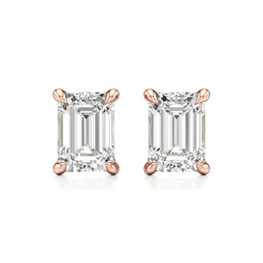 emerald cut lab grown diamond stud earrings rose gold front