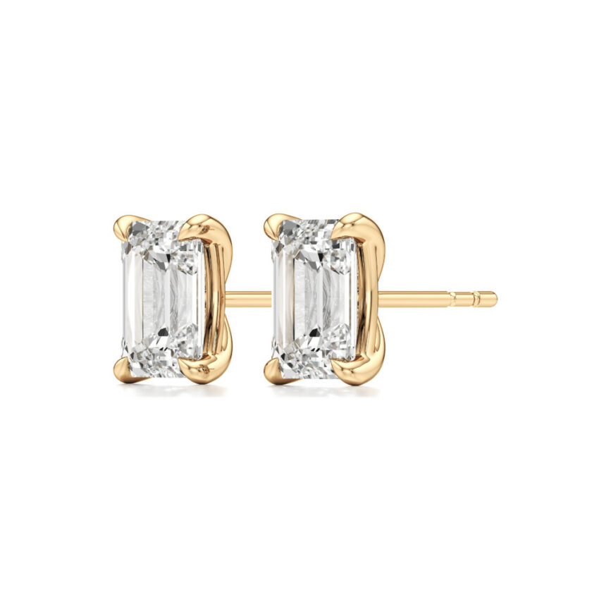 emerald cut lab grown diamond stud earrings yellow gold angle