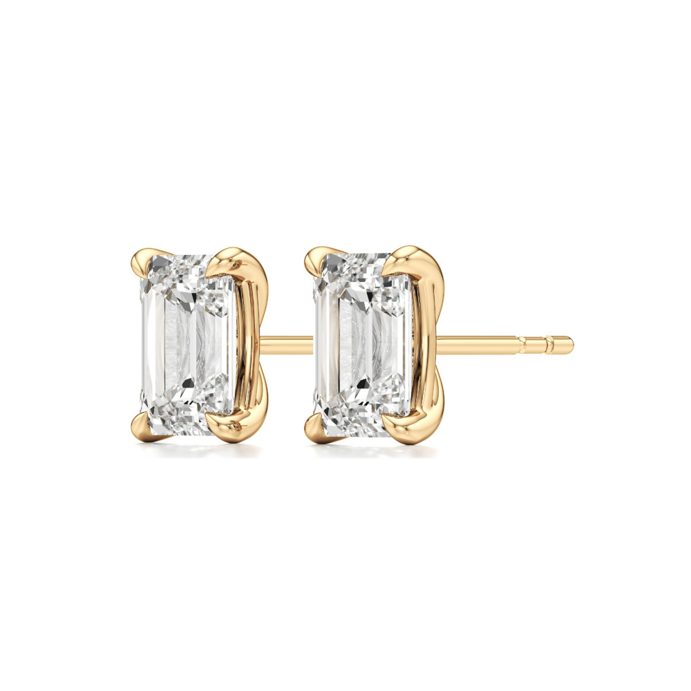 emerald cut lab grown diamond stud earrings yellow gold angle