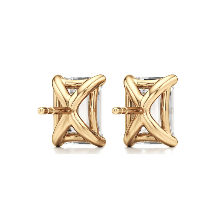 emerald cut lab grown diamond stud earrings yellow gold back