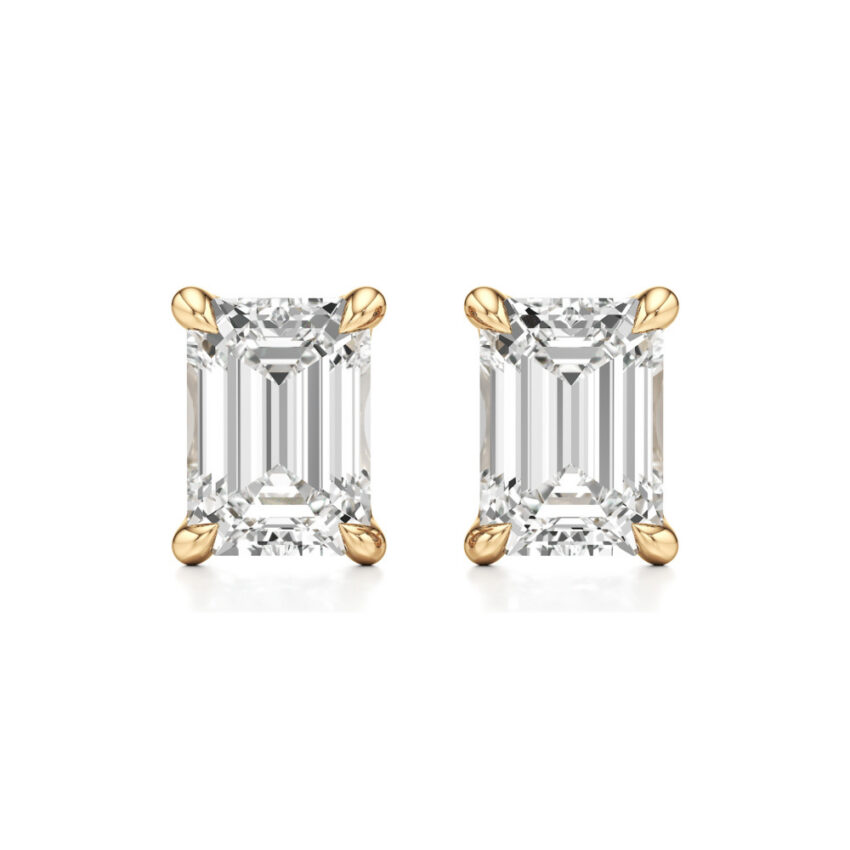 emerald cut lab grown diamond stud earrings yellow gold front