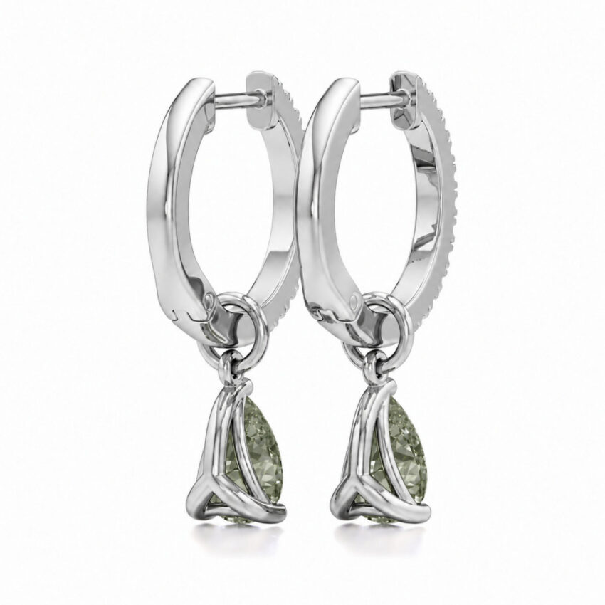 light green sapphire pear hoop earrings platinum back