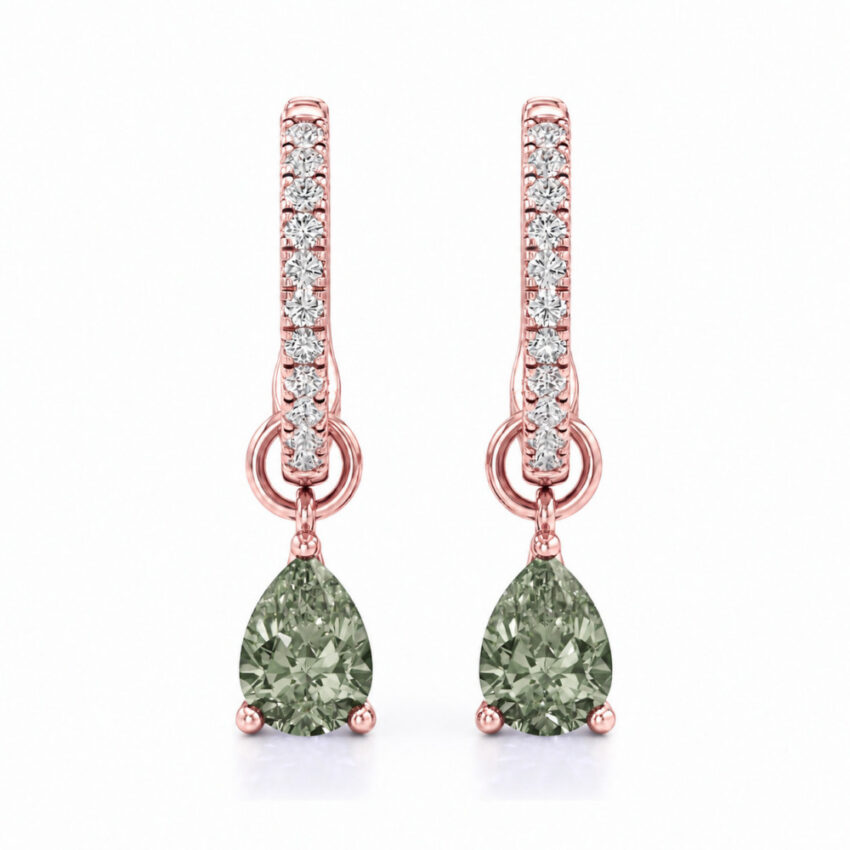 light green sapphire pear hoop earrings rose gold front