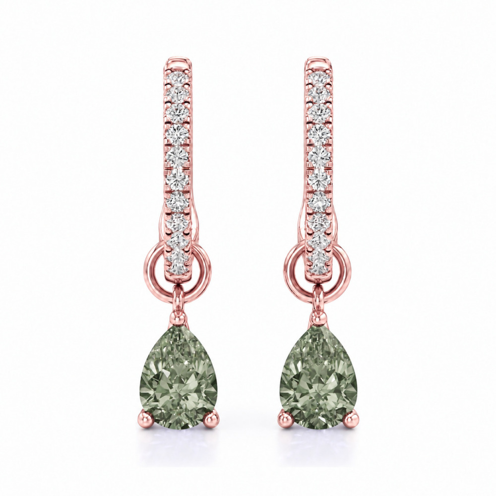 light green sapphire pear hoop earrings rose gold front light green sapphire pear hoop earrings rose gold front