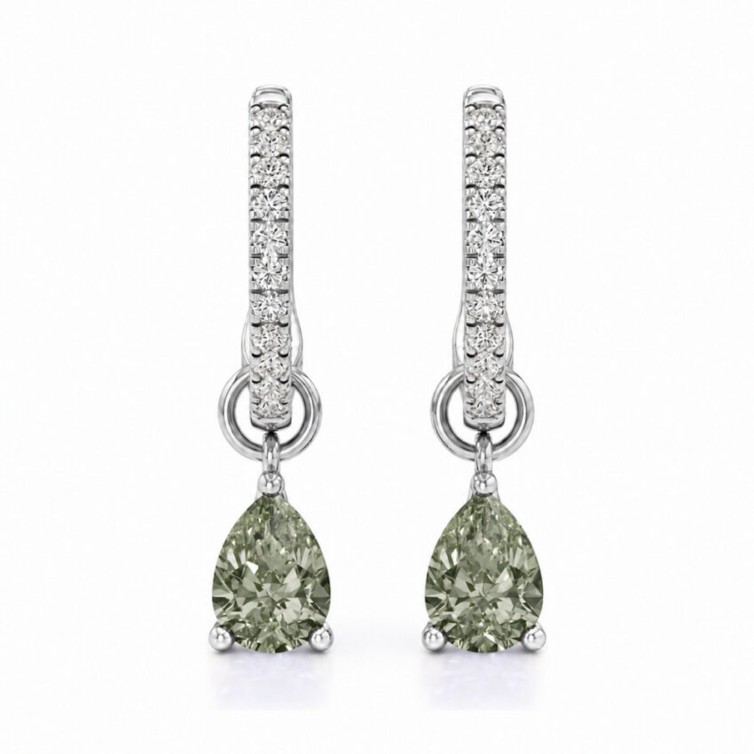 light green sapphire pear hoop earrings white gold front