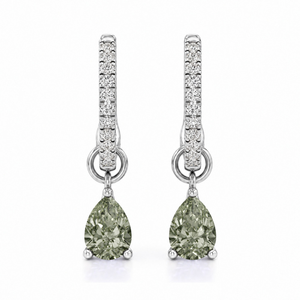 light green sapphire pear hoop earrings white gold front