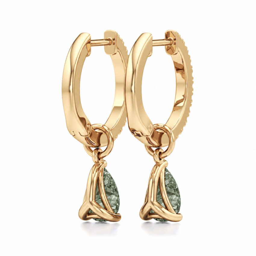 light green sapphire pear hoop earrings yellow gold back