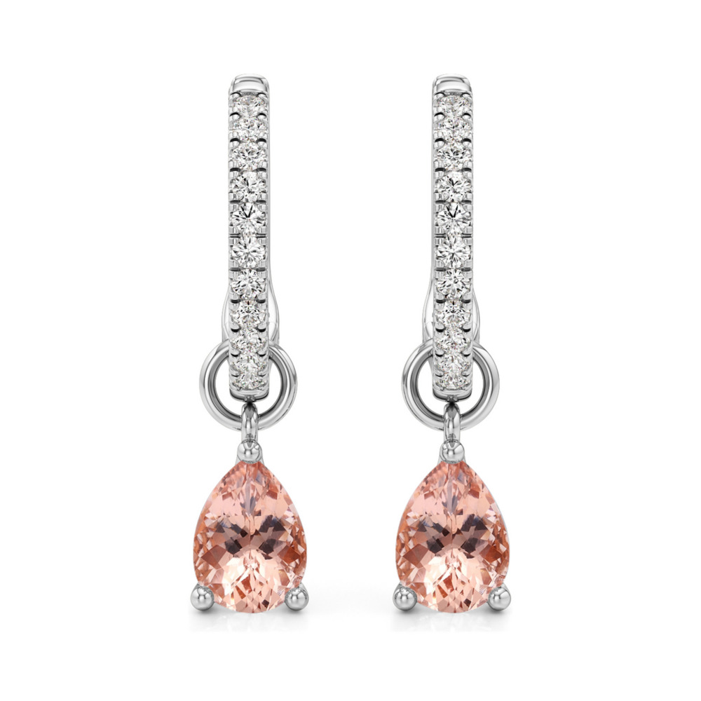 peach sapphire morganite pear hoop earrings platinum front peach sapphire morganite pear hoop earrings platinum front