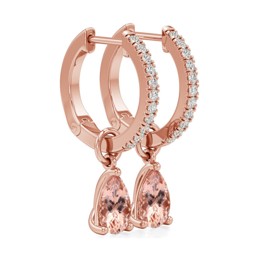 peach sapphire morganite pear hoop earrings rose gold angle