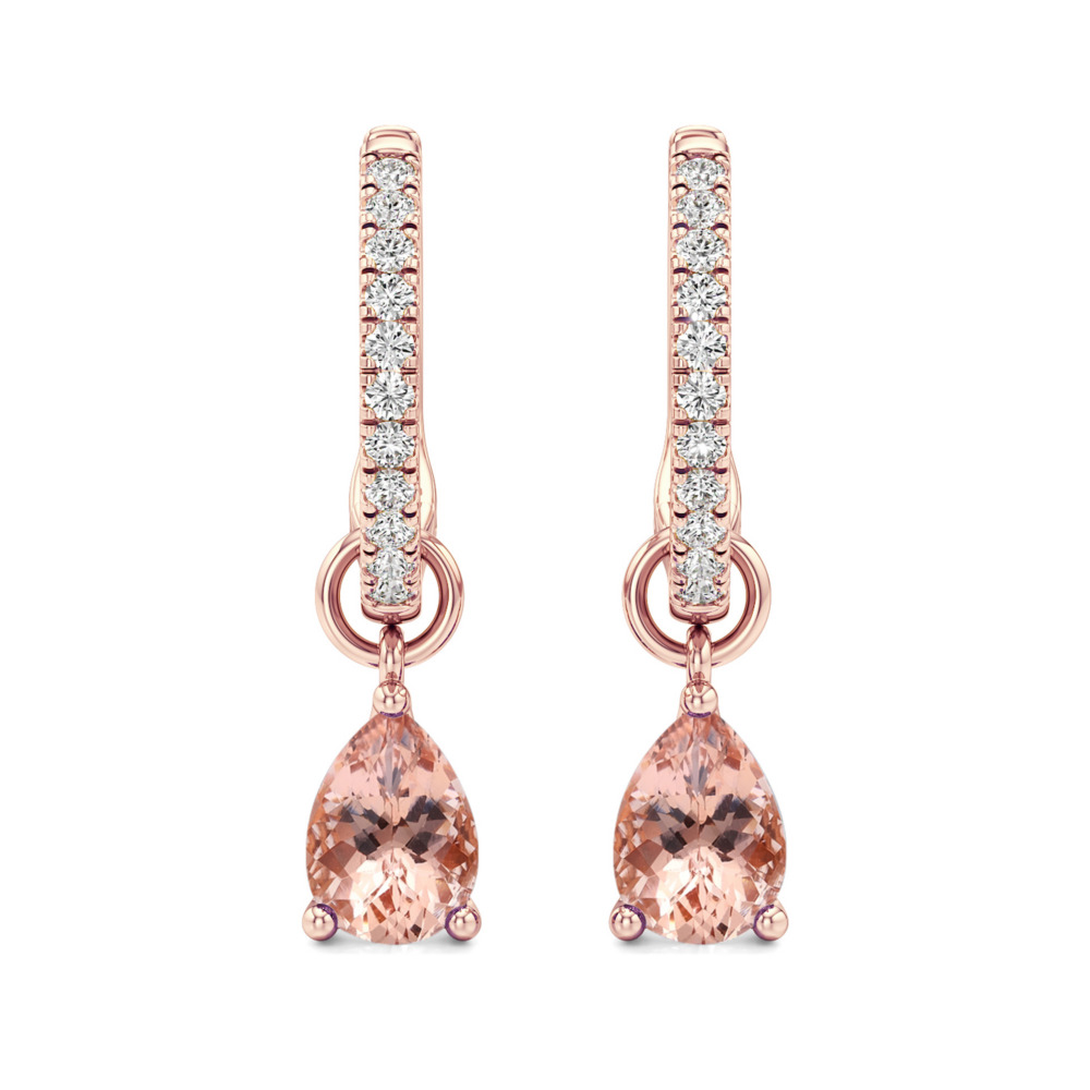 peach sapphire morganite pear hoop earrings rose gold front peach sapphire morganite pear hoop earrings rose gold front