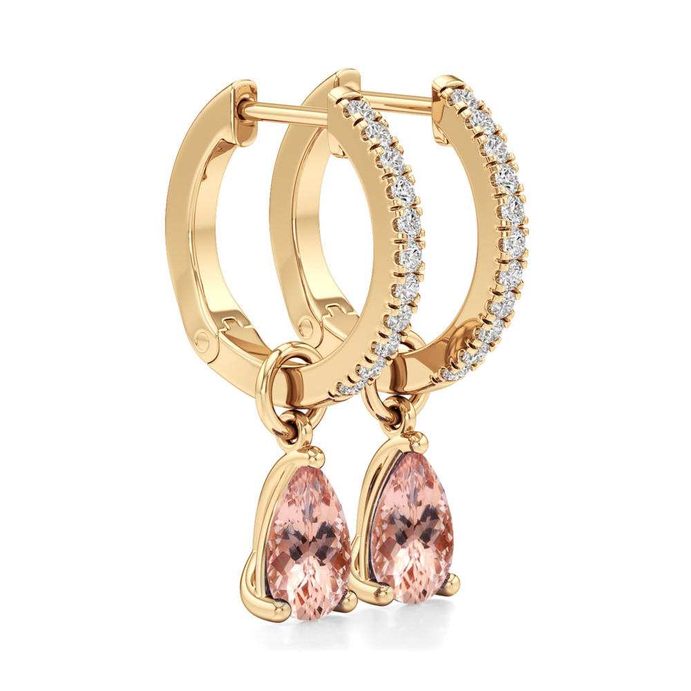 peach sapphire morganite pear hoop earrings yellow gold angle