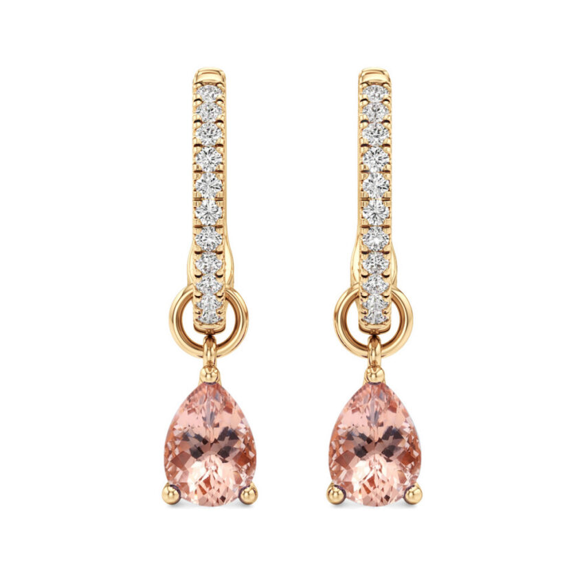 peach sapphire morganite pear hoop earrings yellow gold front