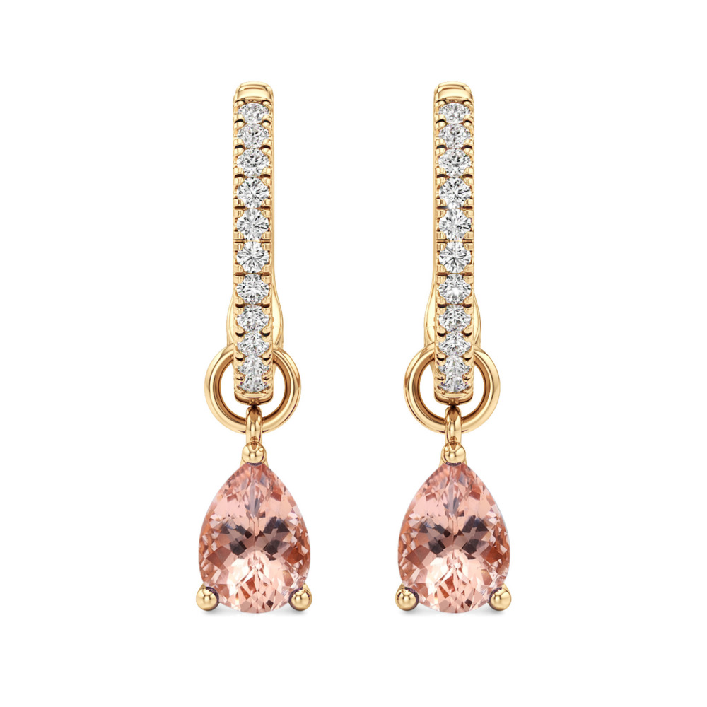 peach sapphire morganite pear hoop earrings yellow gold front peach sapphire morganite pear hoop earrings yellow gold front