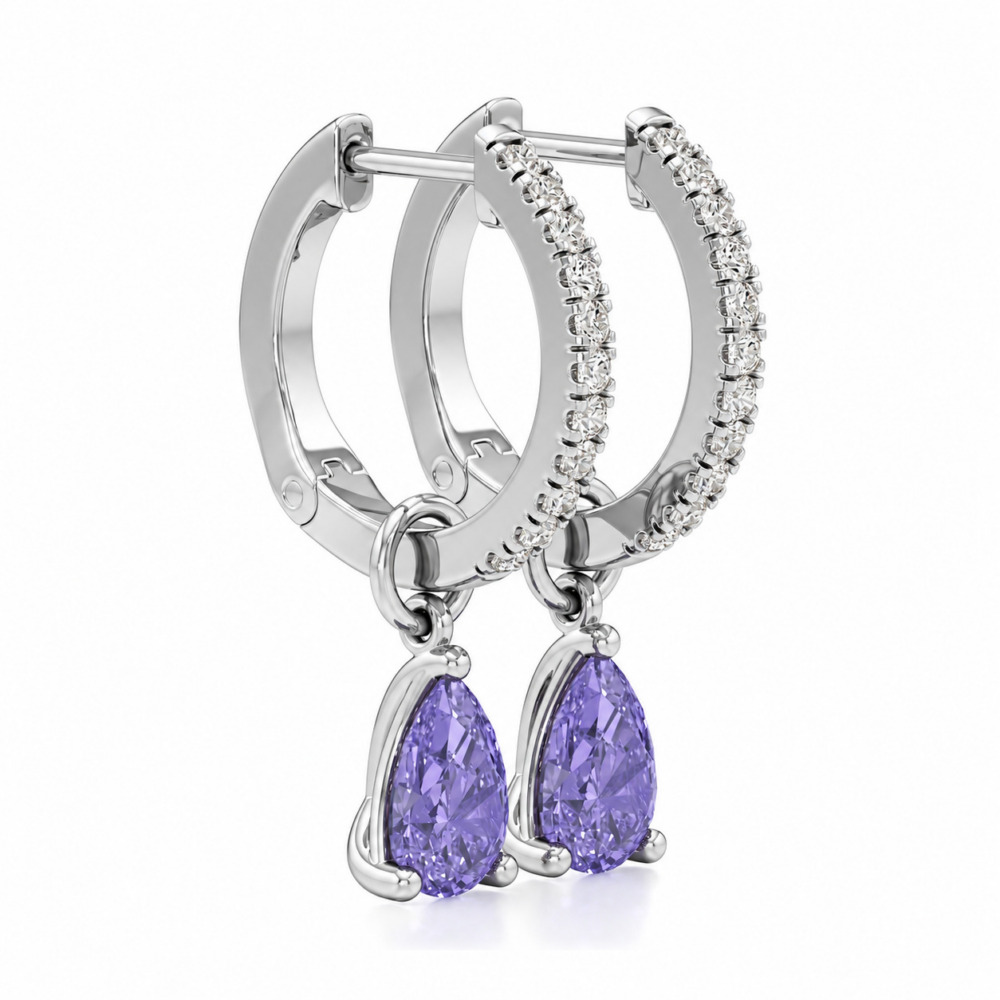 purple sapphire tanzanite pear hoop earrings platinum angle