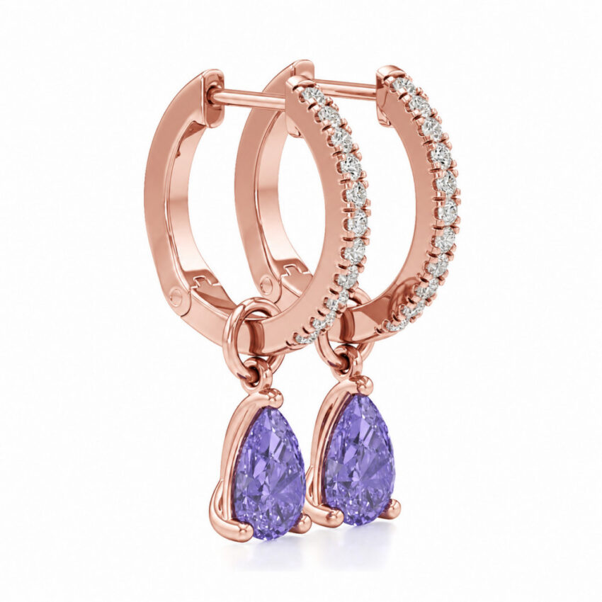 purple sapphire tanzanite pear hoop earrings rose gold angle