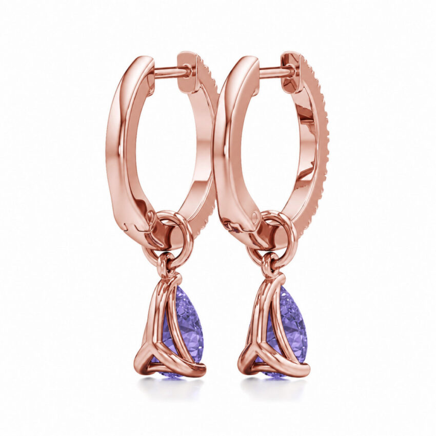 purple sapphire tanzanite pear hoop earrings rose gold back