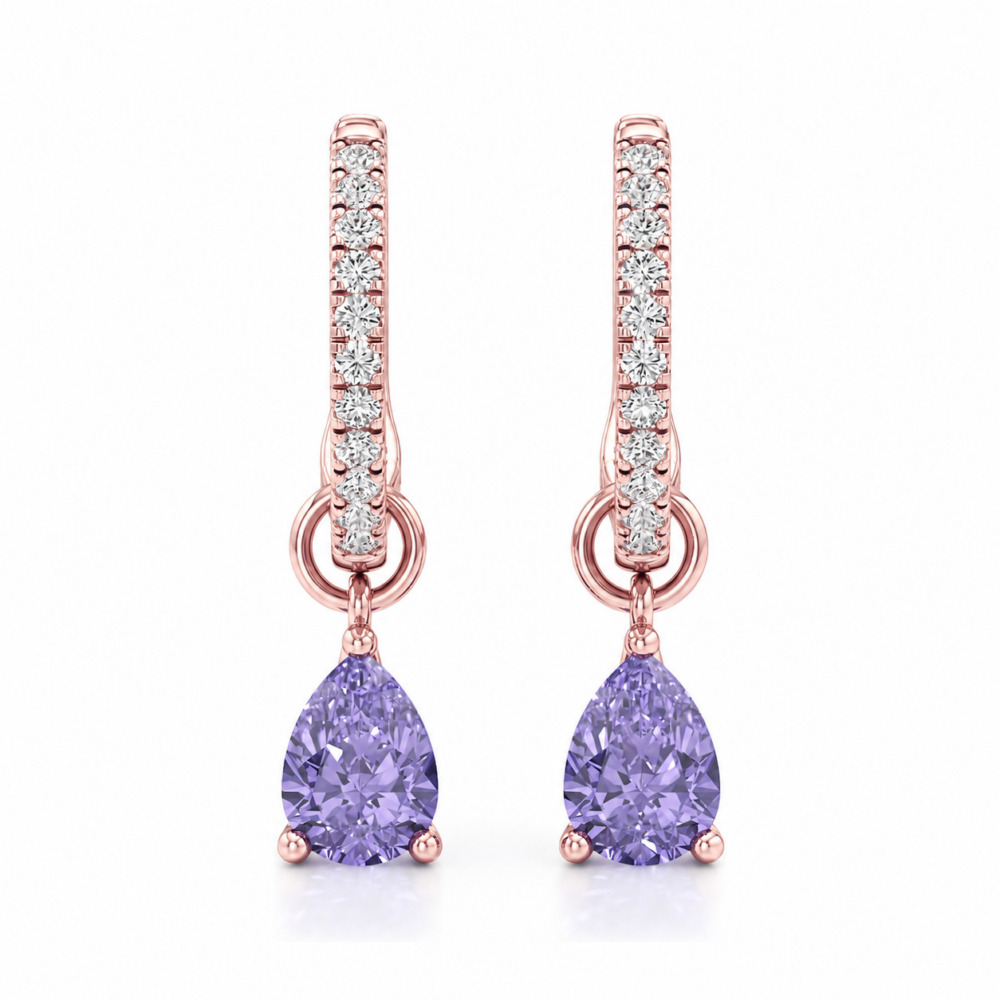 purple sapphire tanzanite pear hoop earrings rose gold front purple sapphire tanzanite pear hoop earrings rose gold front