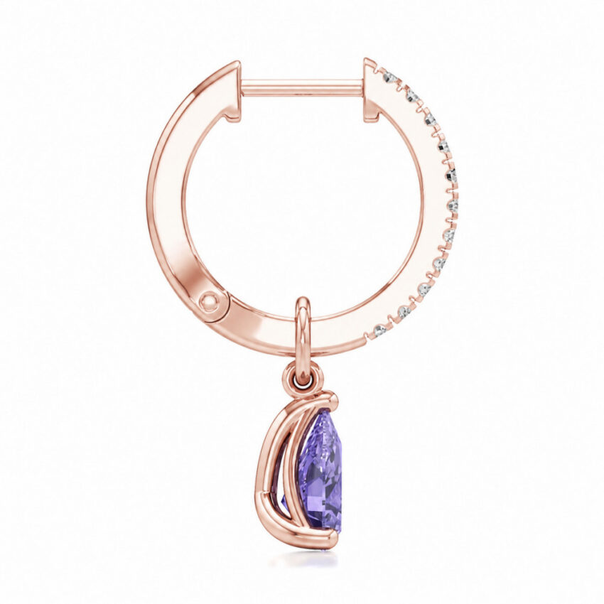 purple sapphire tanzanite pear hoop earrings rose gold side
