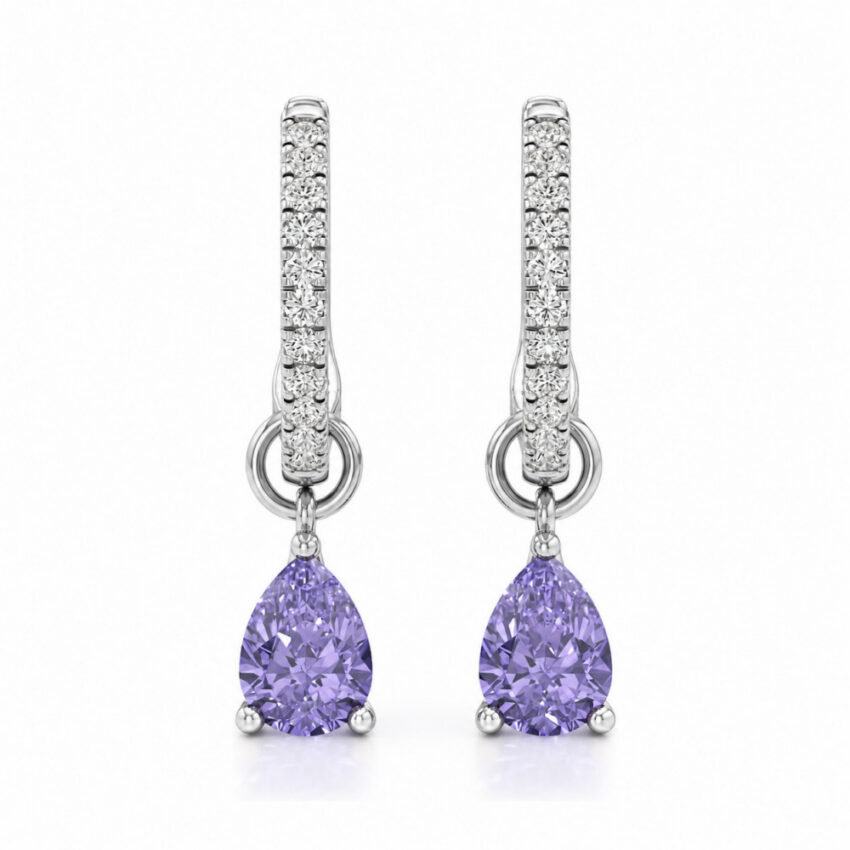 purple sapphire tanzanite pear hoop earrings white gold front