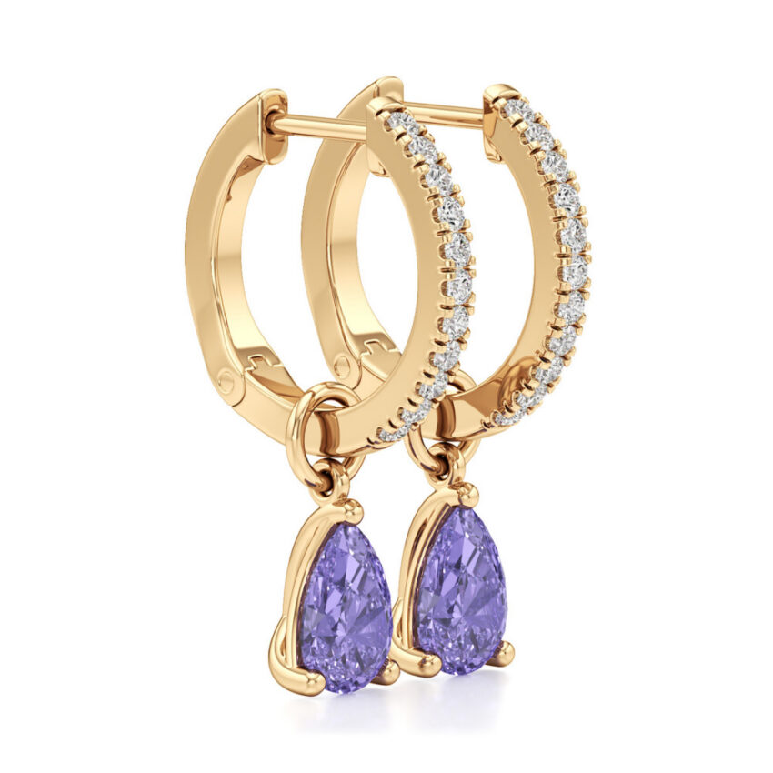 purple sapphire tanzanite pear hoop earrings yellow gold angle