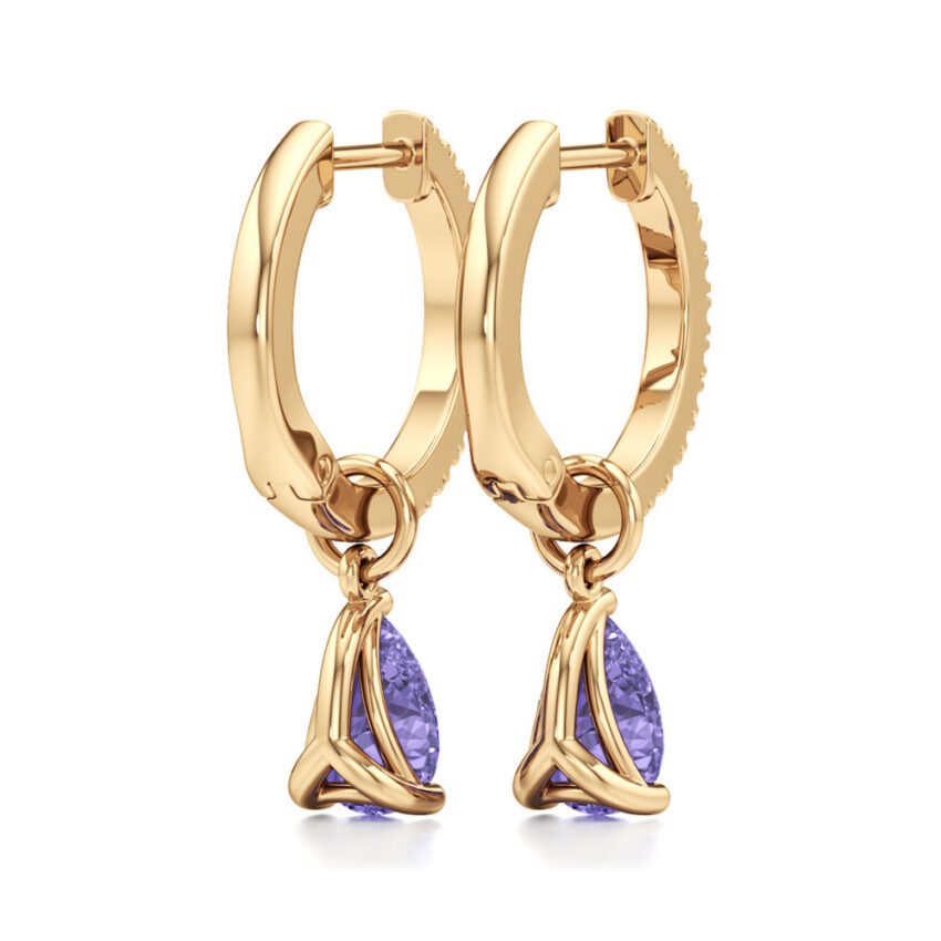 purple sapphire tanzanite pear hoop earrings yellow gold back