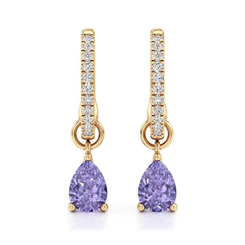 purple sapphire tanzanite pear hoop earrings yellow gold front