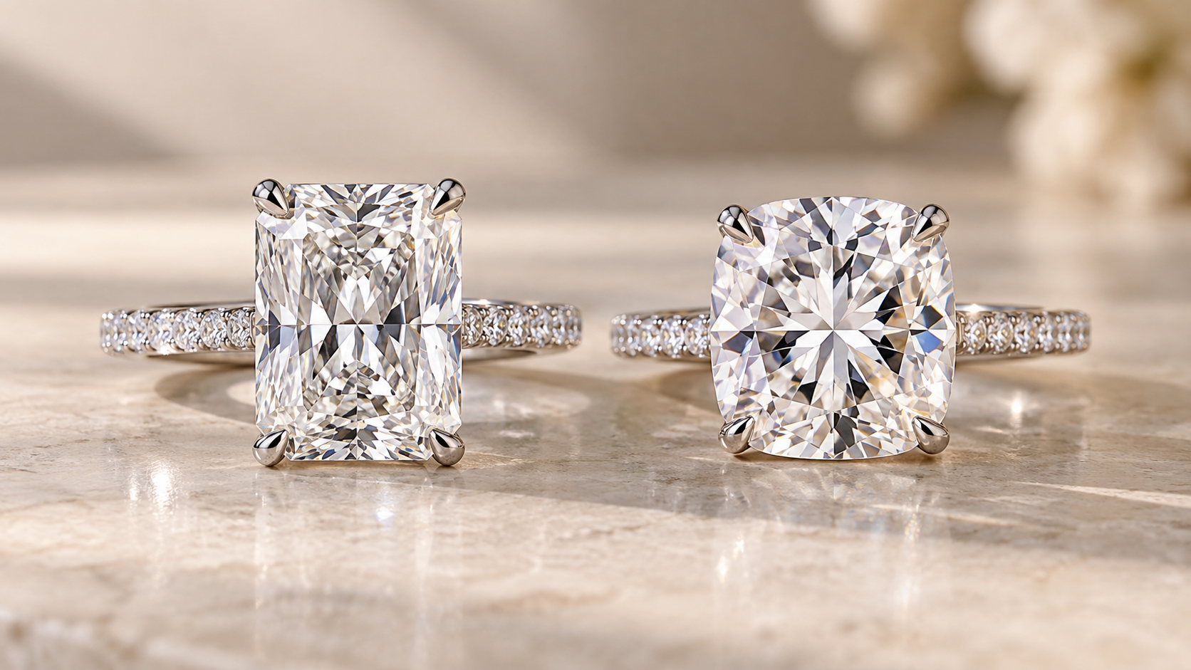 Radiant vs cushion cut diamonds shown side by side in engagement ring settings